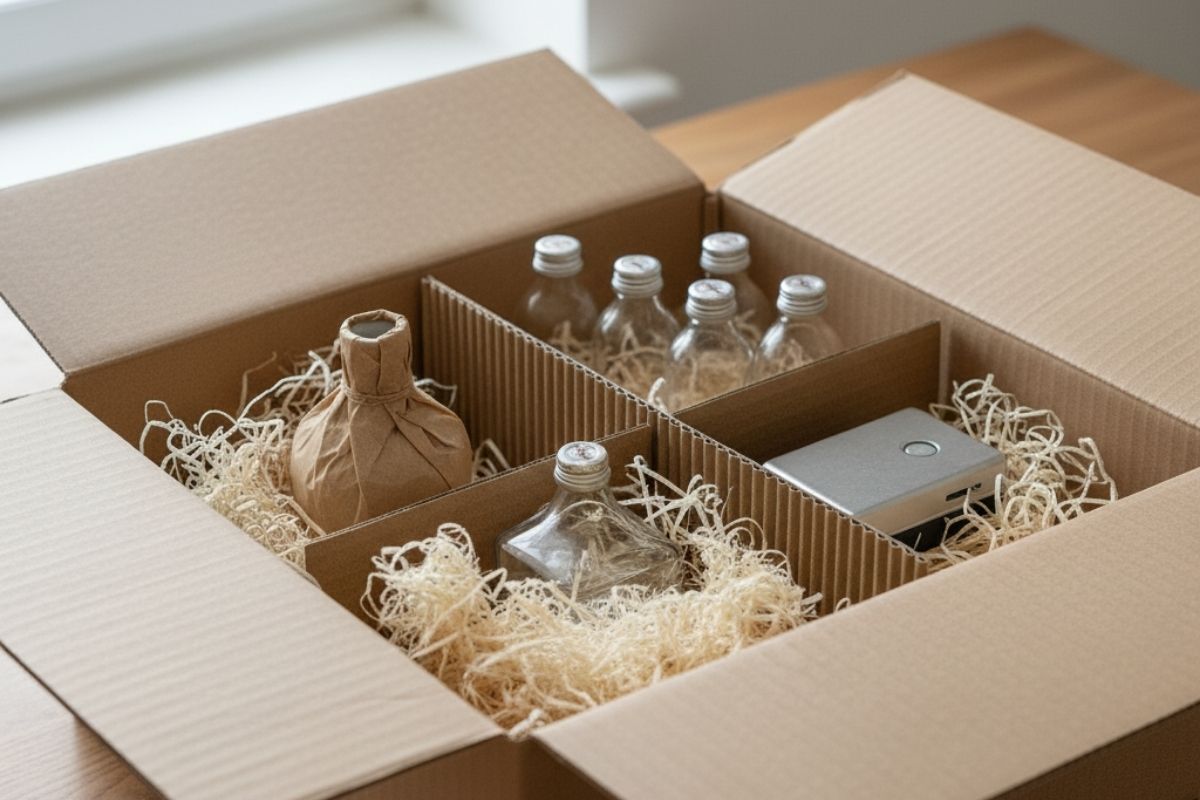 Karton mti Geschenken, die in Verpackungsmaterial eingepackt sind